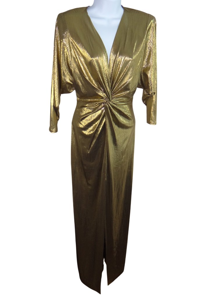 Smythe Womens Gold Metallic Knot Front V-Neck Sharp Shoulder Twist Maxi Dress